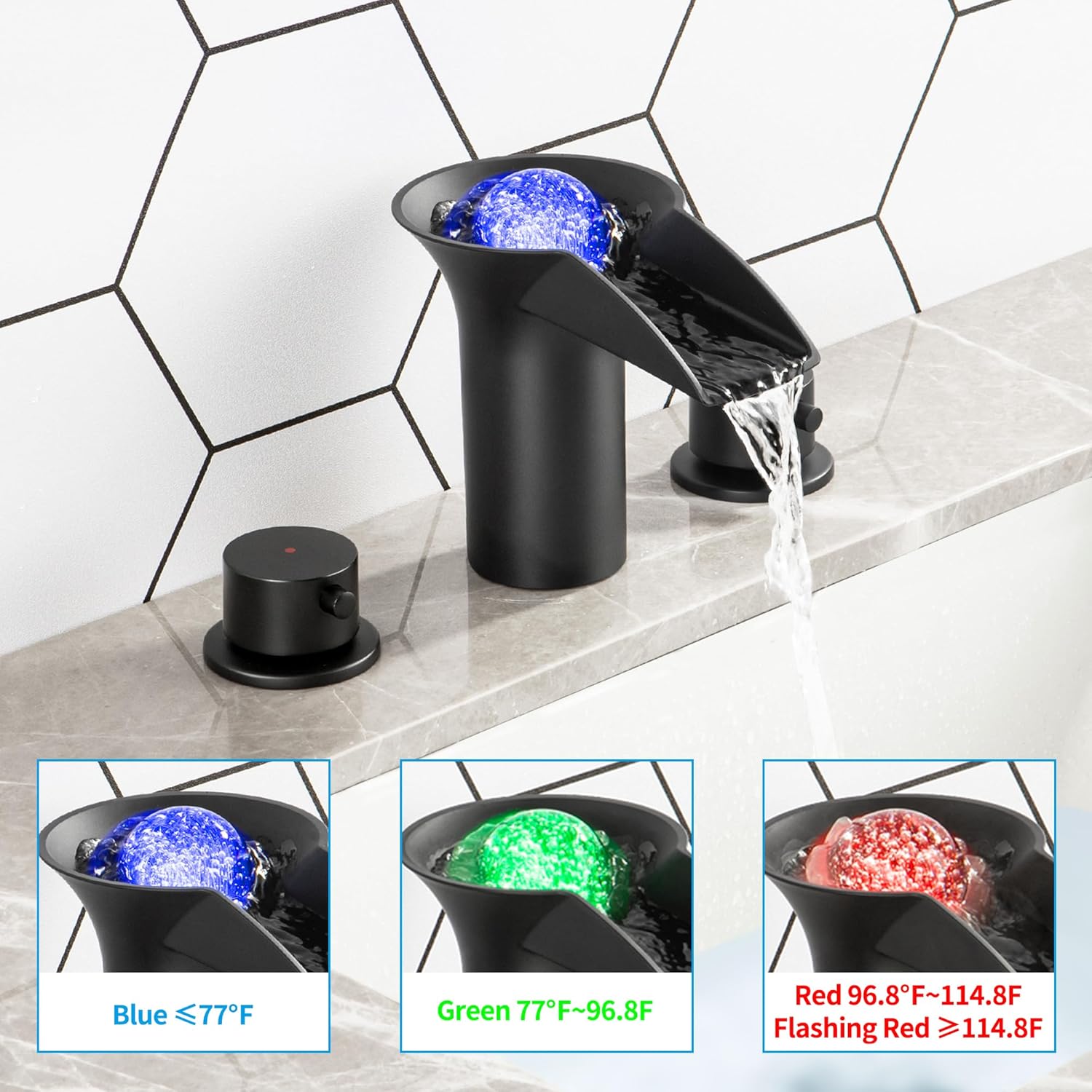 LED Bathroom Faucet 3 Hole Waterfall Sink Faucet with LED Light