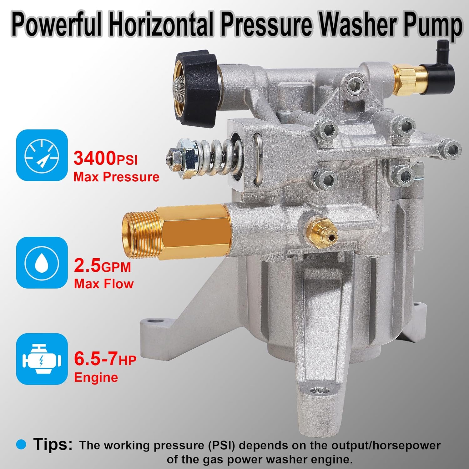 Biswing Pressure Washer Pump 7/8" Shaft Vertical Plunger 3400 PSI Max 2.5 GPM Replacement