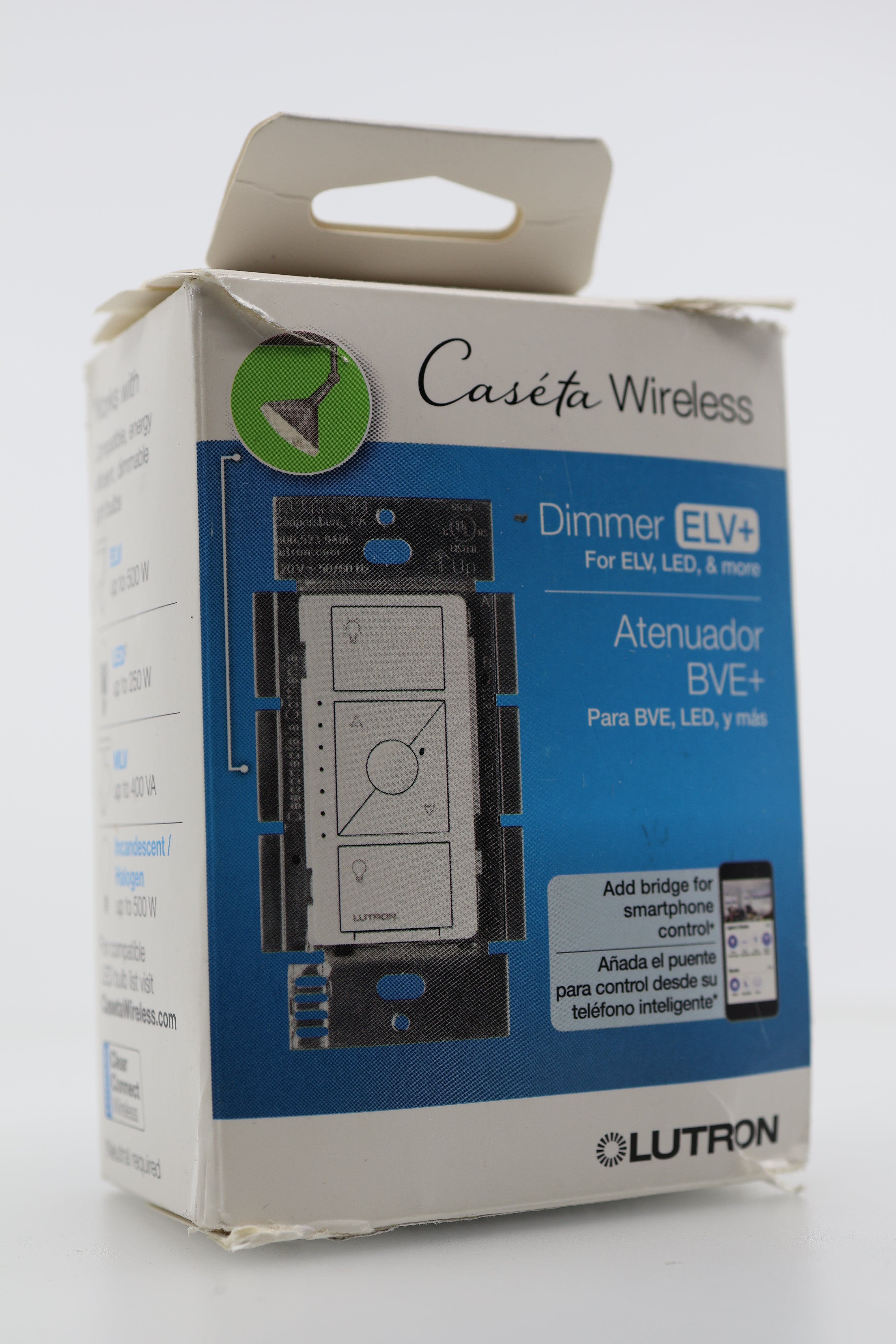Lutron Caseta Smart Dimmer Switch ELV+ PD-5NE-WH – 250W LED, Single-Pole/3-Way, Neutral Required