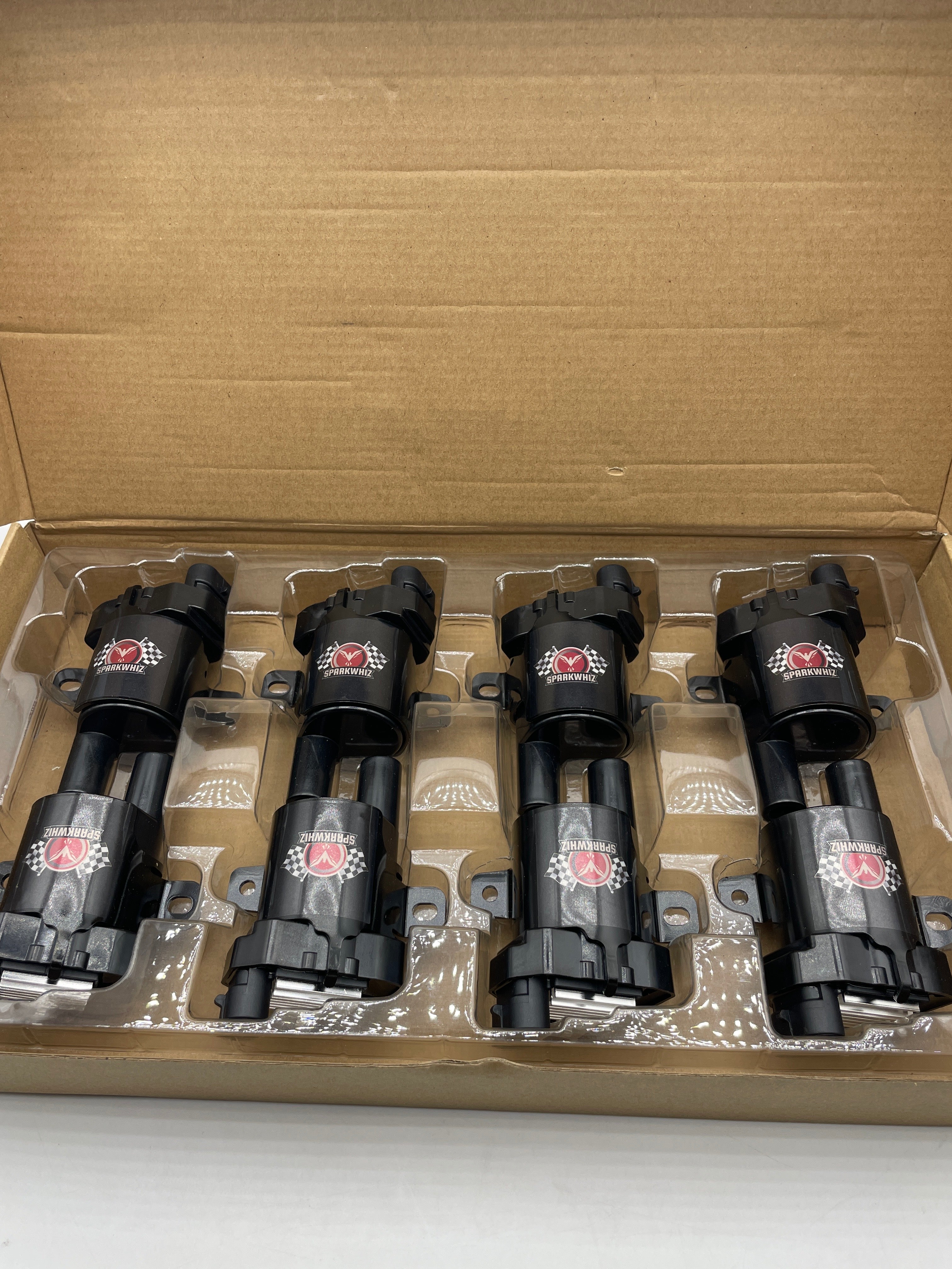Set of 8 Round Ignition Coils D585 with Spark Plugs and 748UU 8mm Wires for Chevy and GMC Vehicles