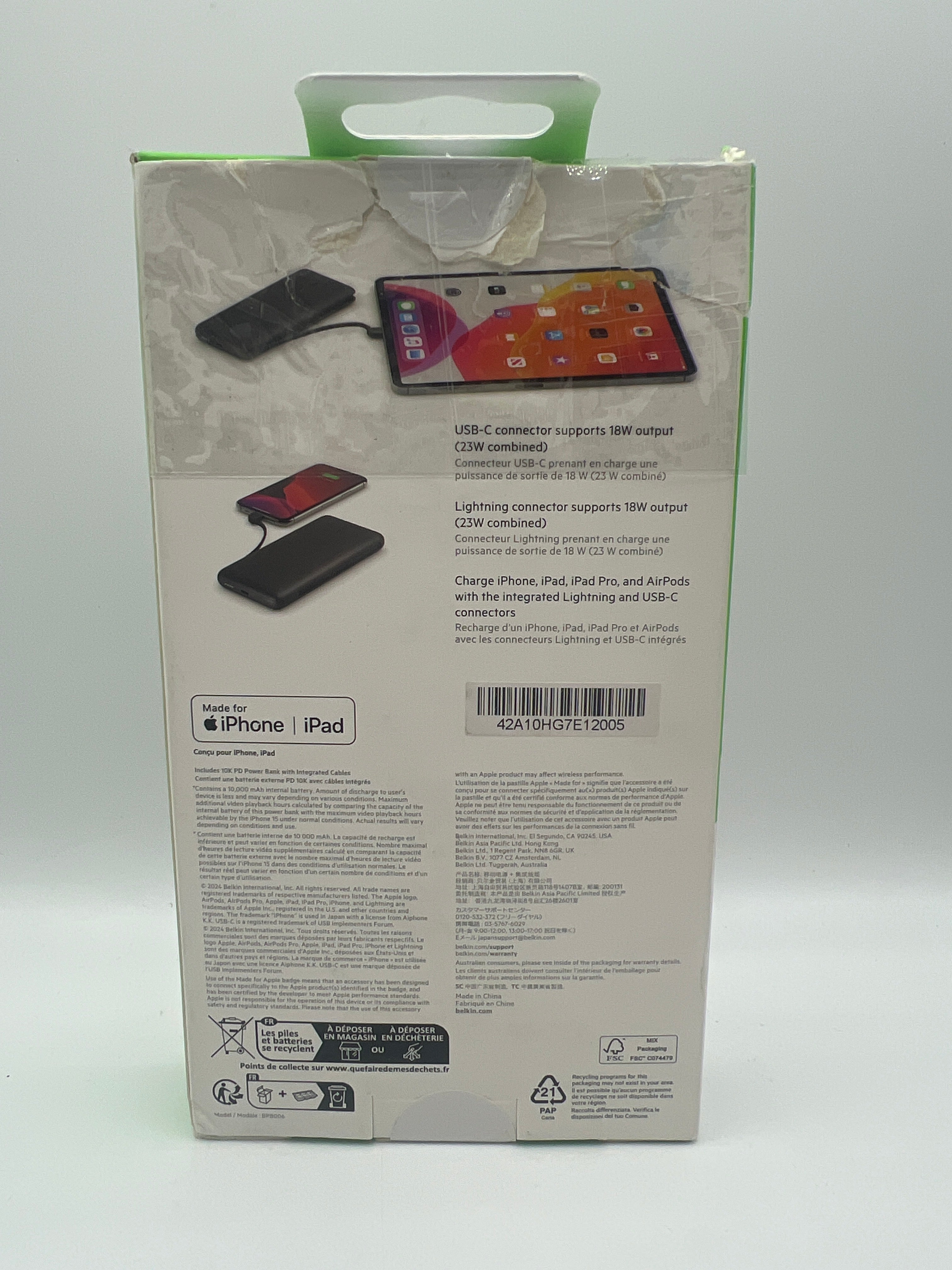 Belkin Portable Charger 10000 mAh 23W with Integrated Lightning & USB-C Cables