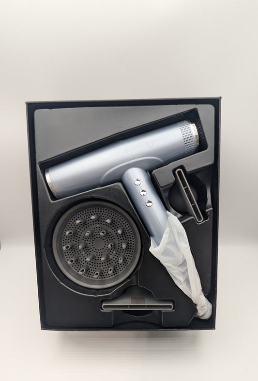 Slopehill Ionic Hair Dryer with Brushless Motor in packaging, featuring blue plastic design and magnetic diffuser for salon use.