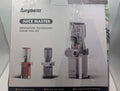 Anybear Juice Master packaging displaying three juicer models in red, silver, and black, highlighting innovation and durability.