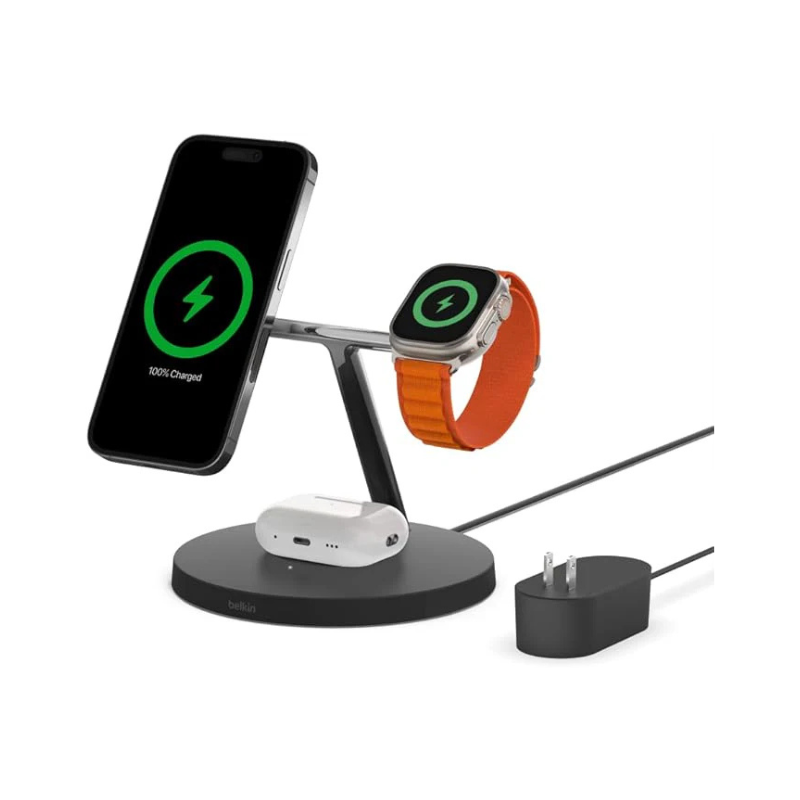 Belkin MagSafe Charger, 3-in-1 Wireless Charging Stand, 2ND GEN, 33% Faster for Apple Watch, iPhone 16, iPhone 15, iPhone 14 Series, AirPods - MagSafe Charging Station for Multiple Devices - Black