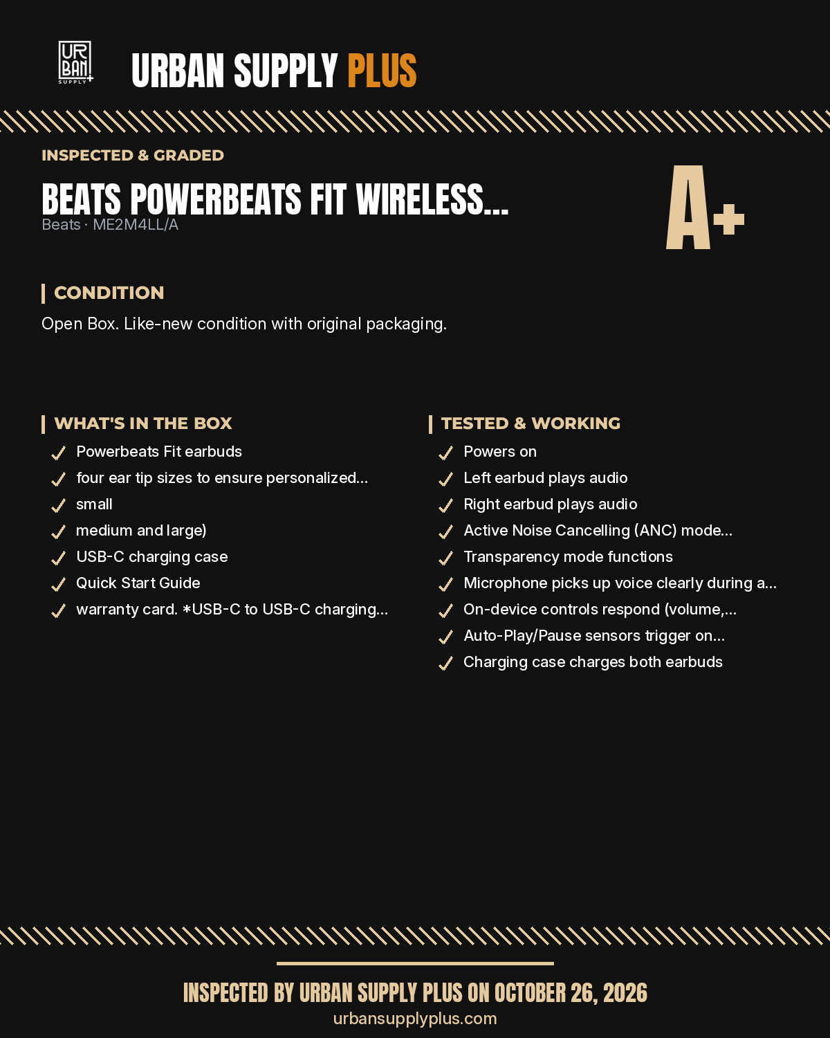 Diagnostic sheet – Beats Powerbeats Fit Wireless ANC Earbuds Spark Orange Open Box