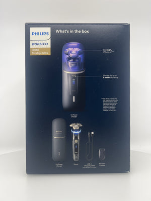 Norelco i9000 Prestige Ultra retail box side with what's in the box