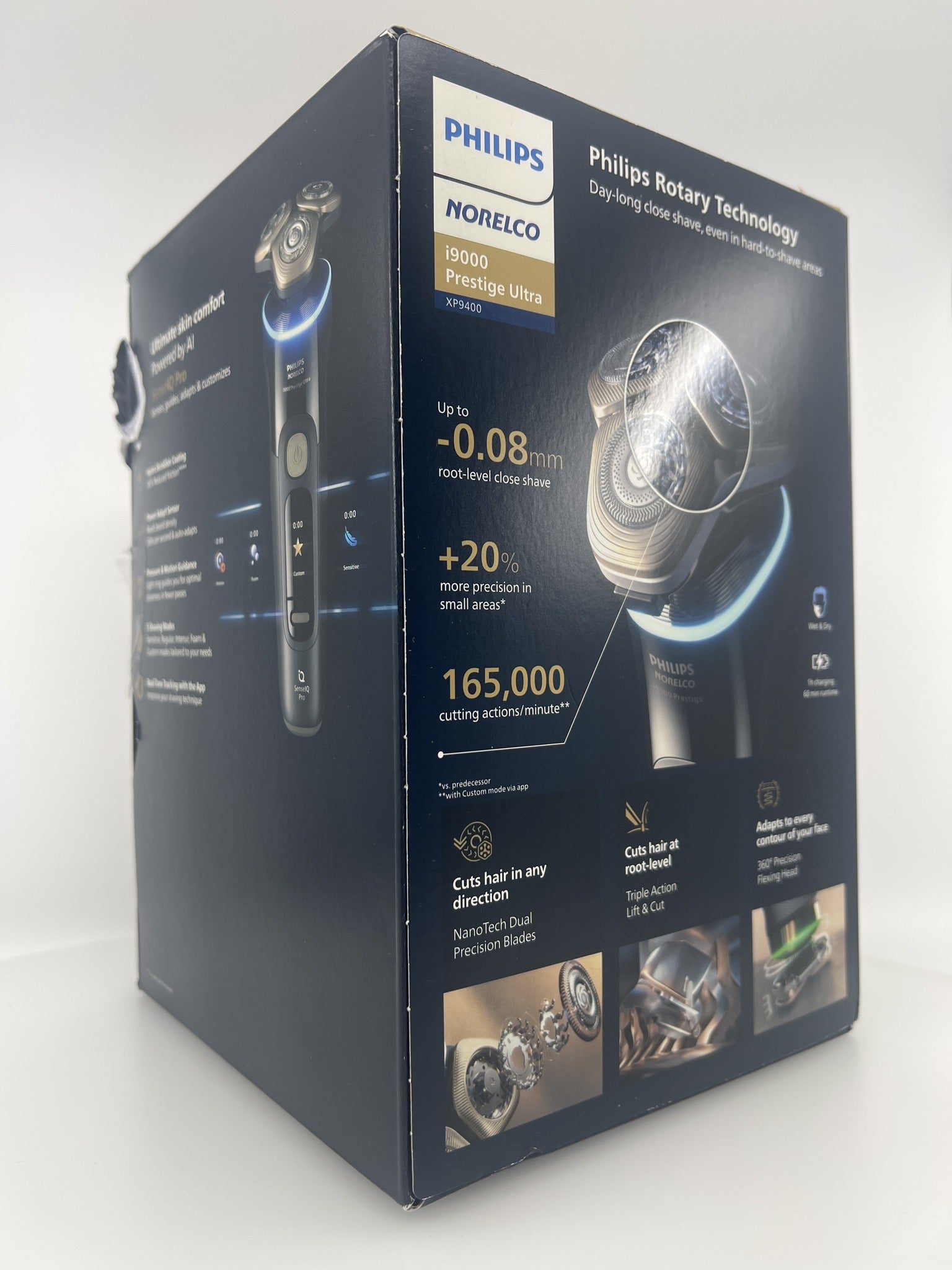 Norelco i9000 Prestige Ultra retail box side features