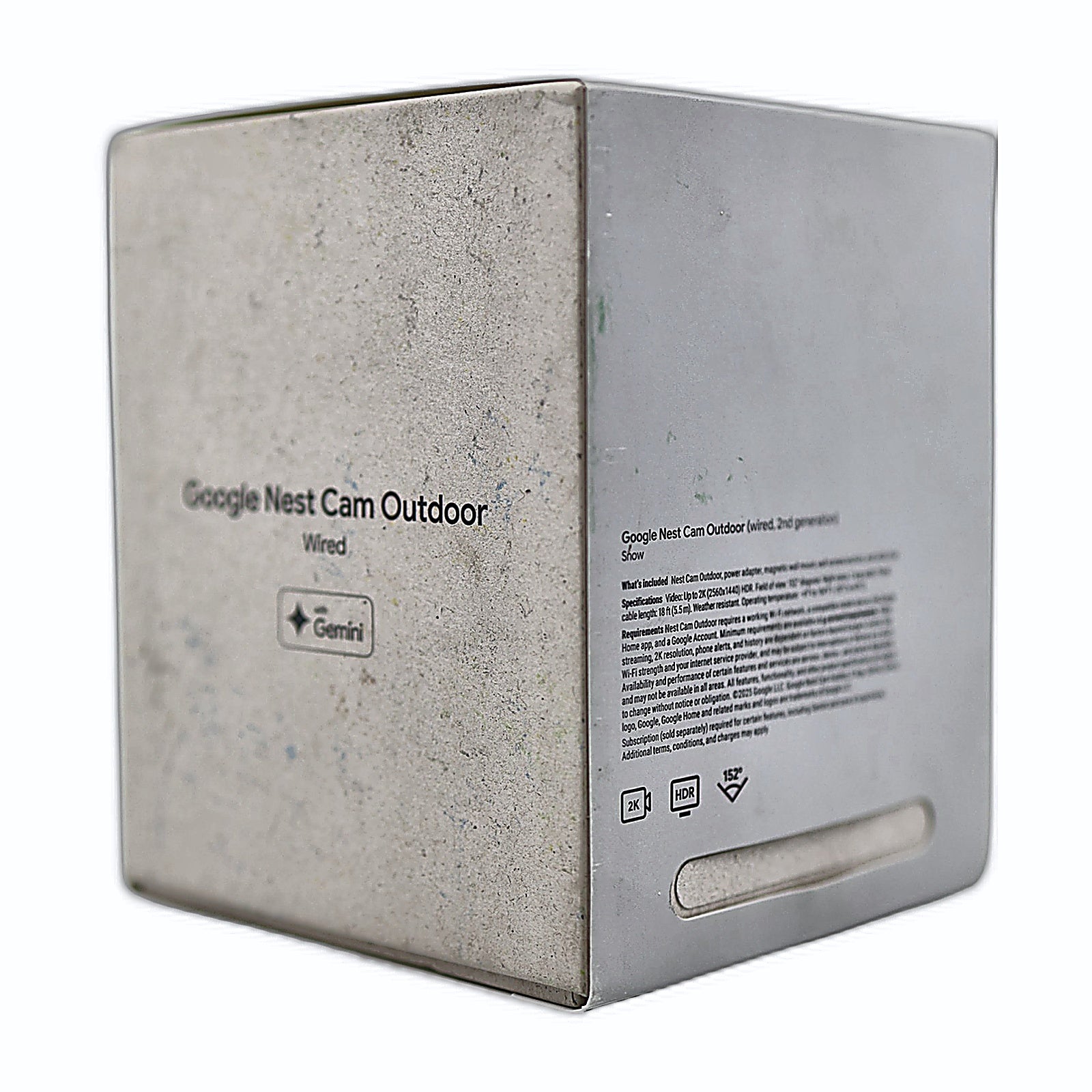 Google Nest Cam Outdoor Wired 2K box side specs