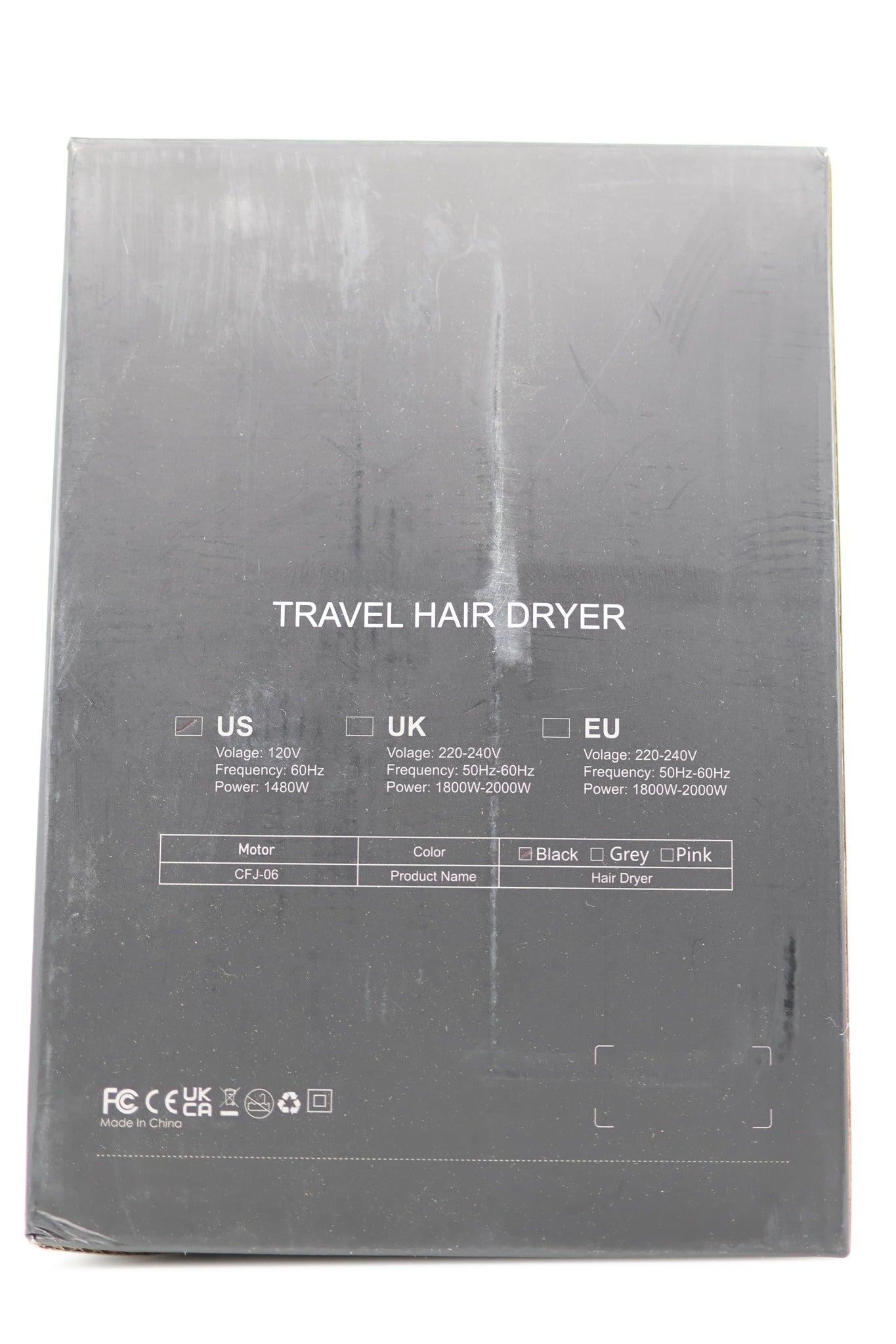 MESHEEN CFJ-06 Travel Hair Dryer box back with specs
