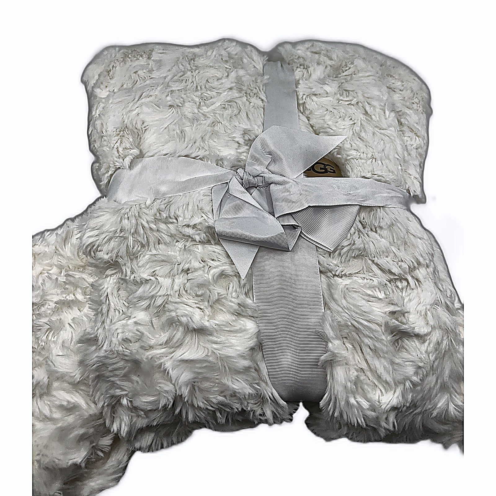 UGG Adalee Faux Fur Throw Blanket Natural White folded with ribbon