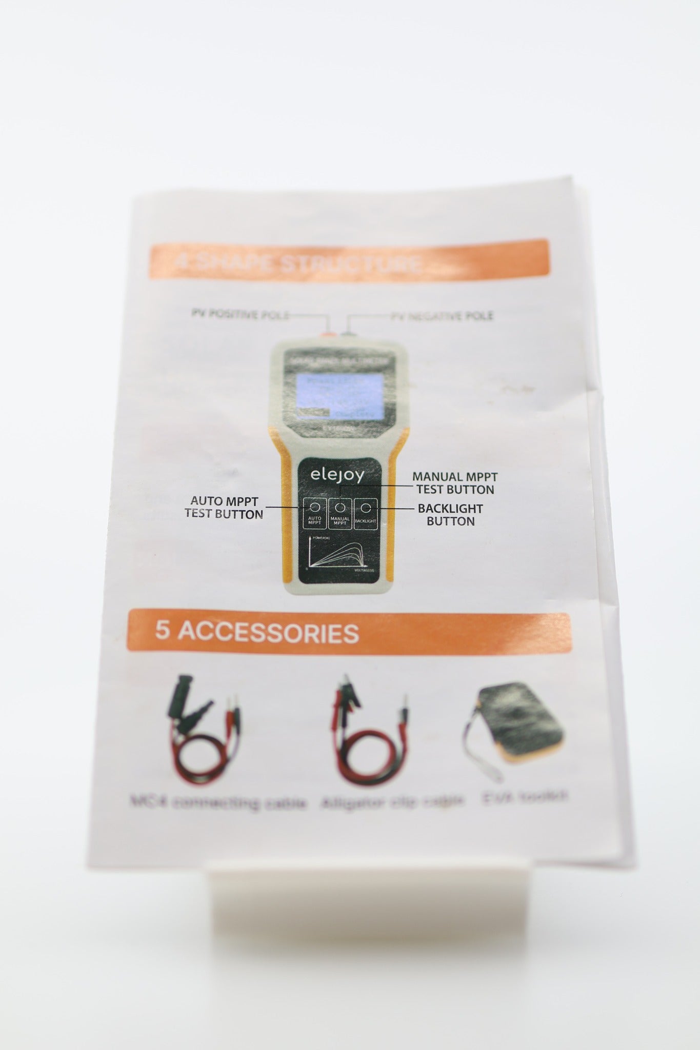 Elejoy EY1800W solar panel tester instruction sheet and accessories