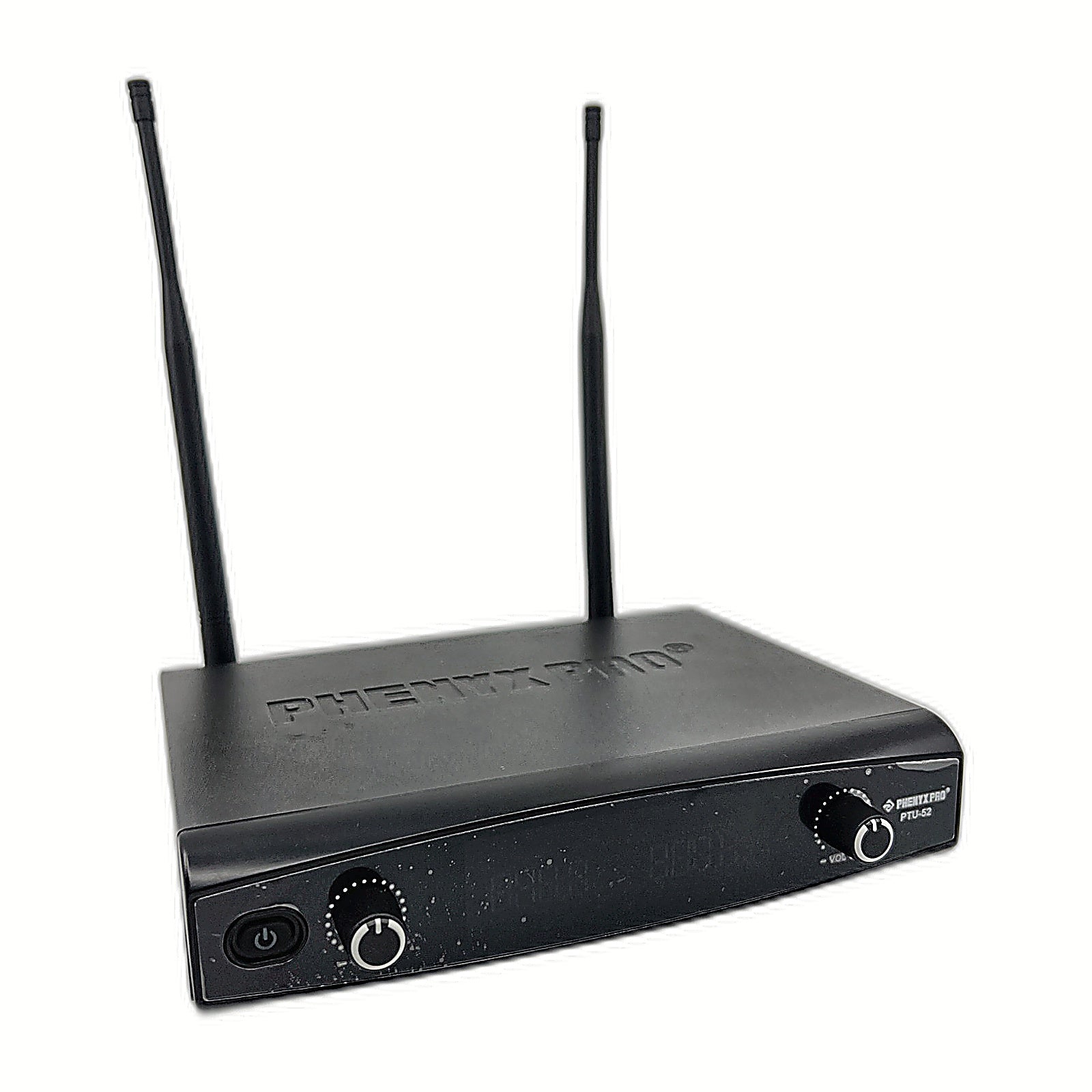 Phenyx Pro PTU-52 UHF receiver front view with dual antennas