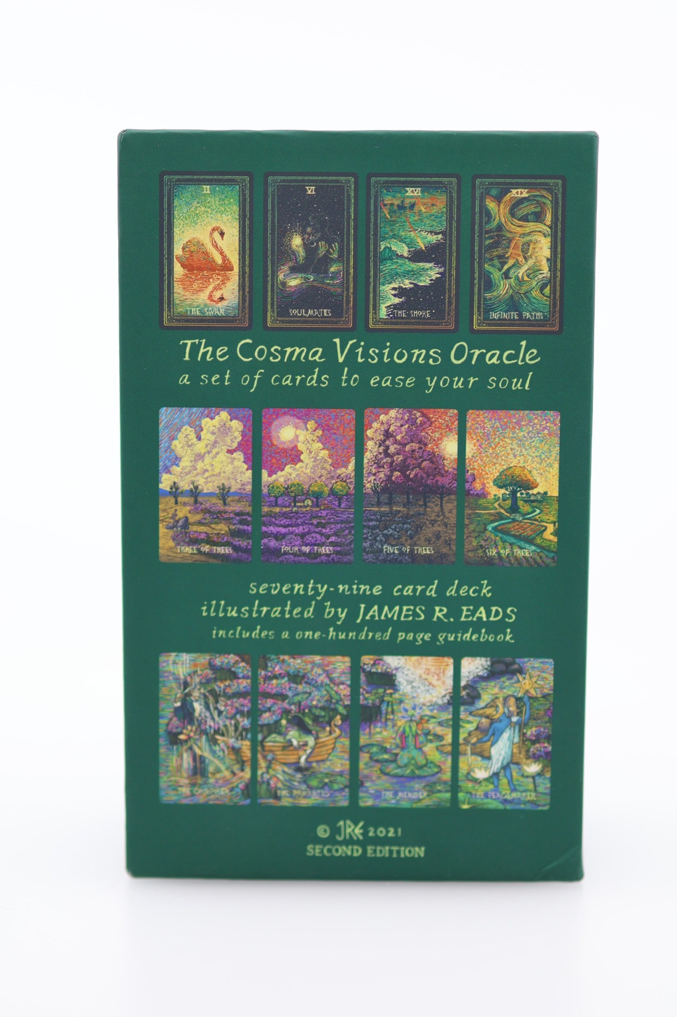 Cosma Visions Oracle deck box back with card previews