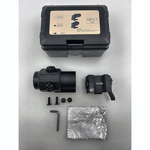 Gotical 4X Magnifier Scope with QD Mount hard case and accessories laid out