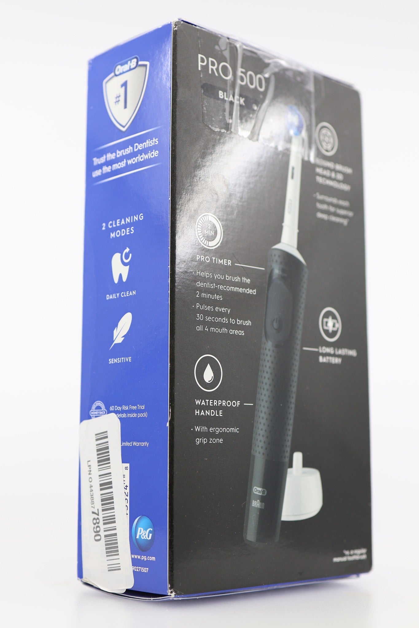 Oral-B Pro 500 Electric Toothbrush box side with barcode