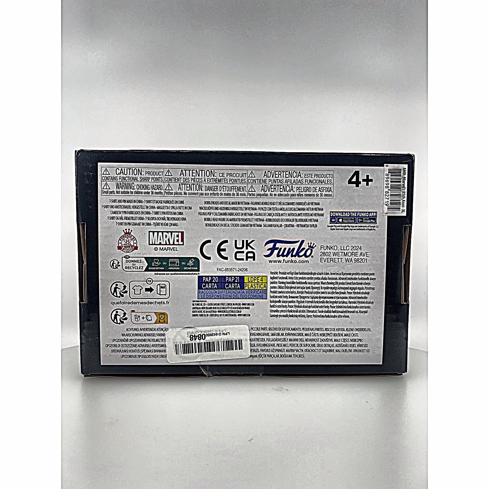 Funko Marvel Collector Corps 85th Anniversary Box XL back panel with safety info