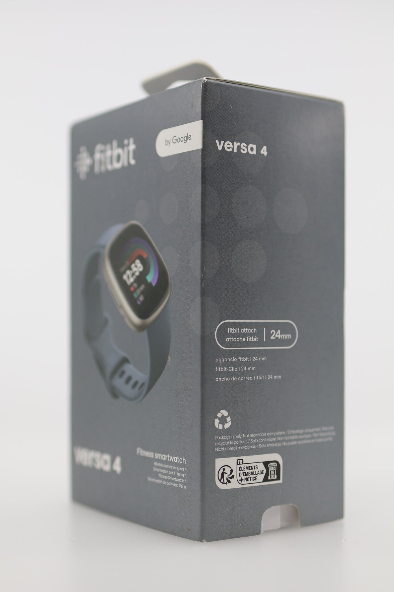 Fitbit Versa 4 box side with band size info