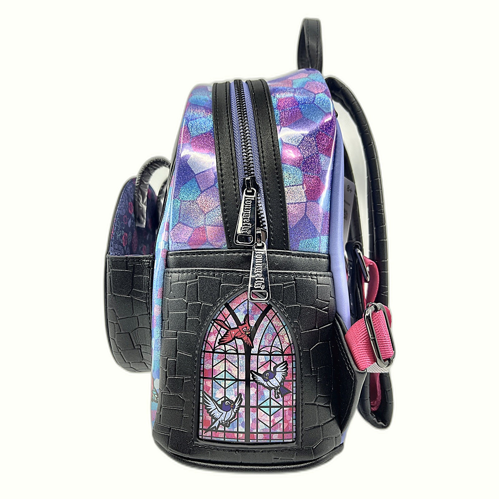 Loungefly Sleeping Beauty Stained Glass Mini-Backpack left side with zipper