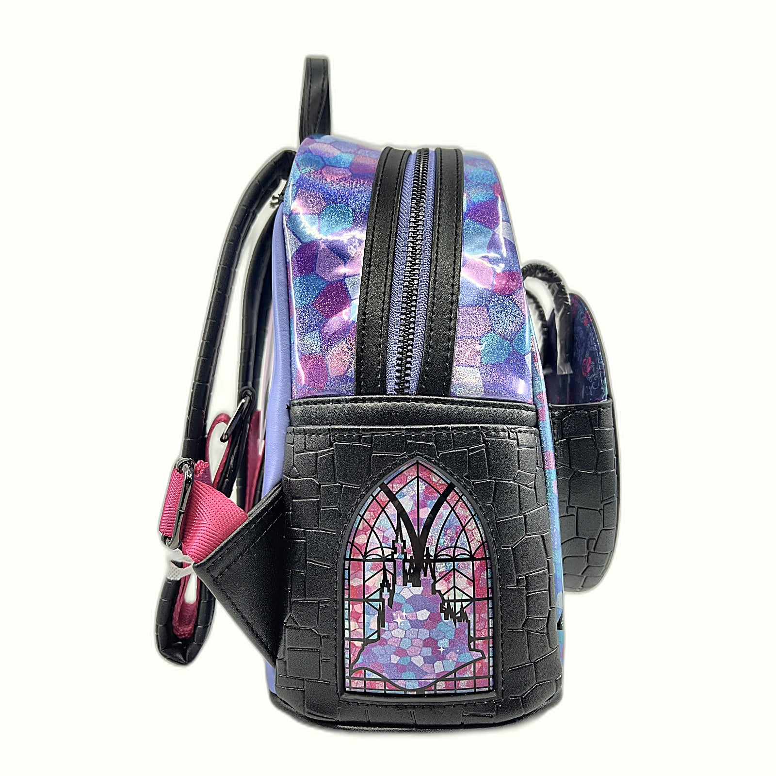 Loungefly Sleeping Beauty Mini-Backpack left side castle motif