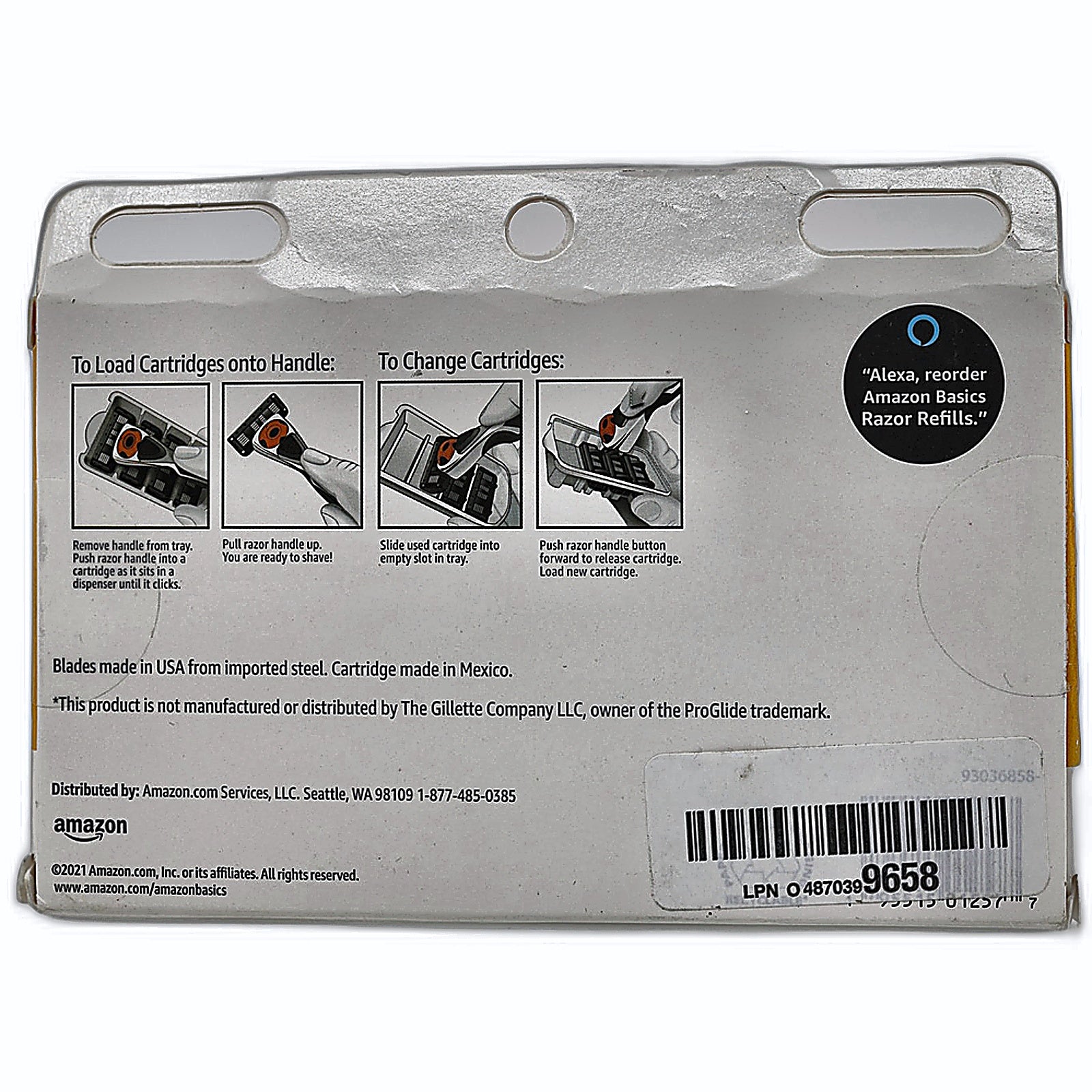 Amazon Basics 5-Blade Razor Refills original box back with instructions