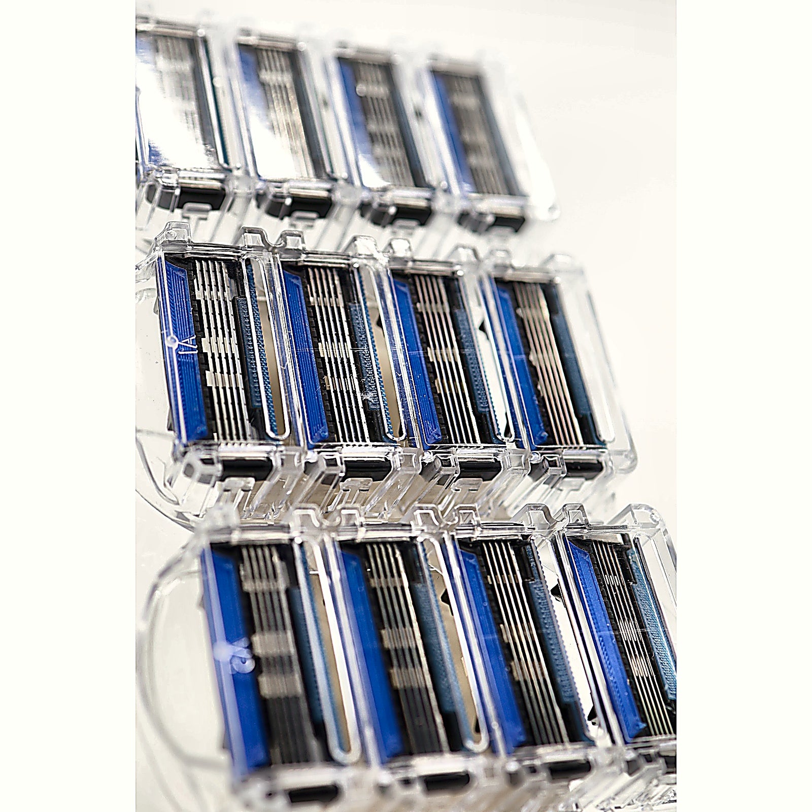 Amazon Basics 5-Blade Razor Refills 12-Pack close-up angle view