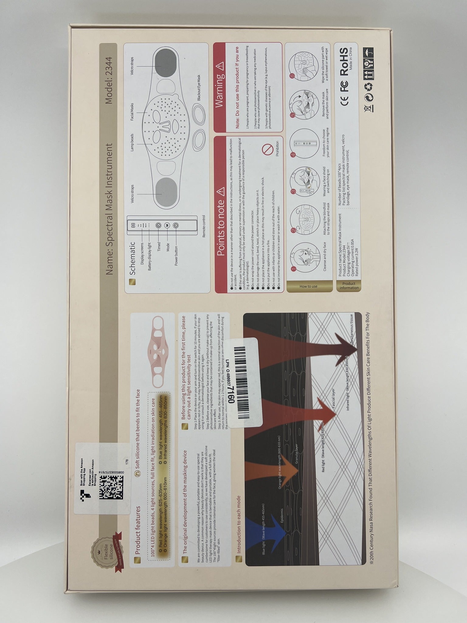 NVBOTY Red Light Therapy Mask box back with specs