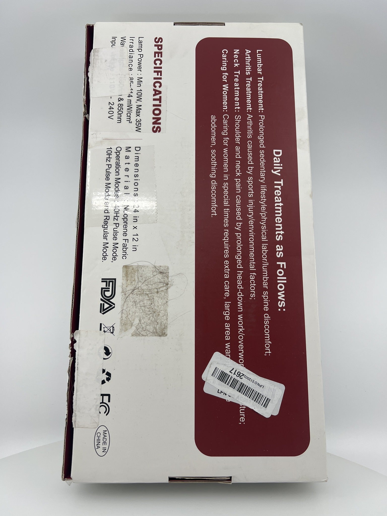 Pedete Red Light Therapy Pad box back with specifications