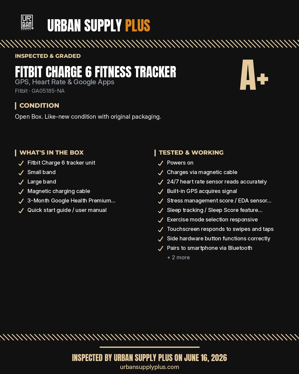 Fitbit Charge 6 Urban Supply Plus inspection grading card