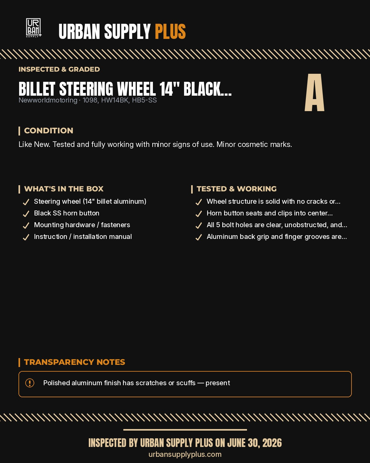 Billet Steering Wheel 14" Black Vinyl & SS Horn