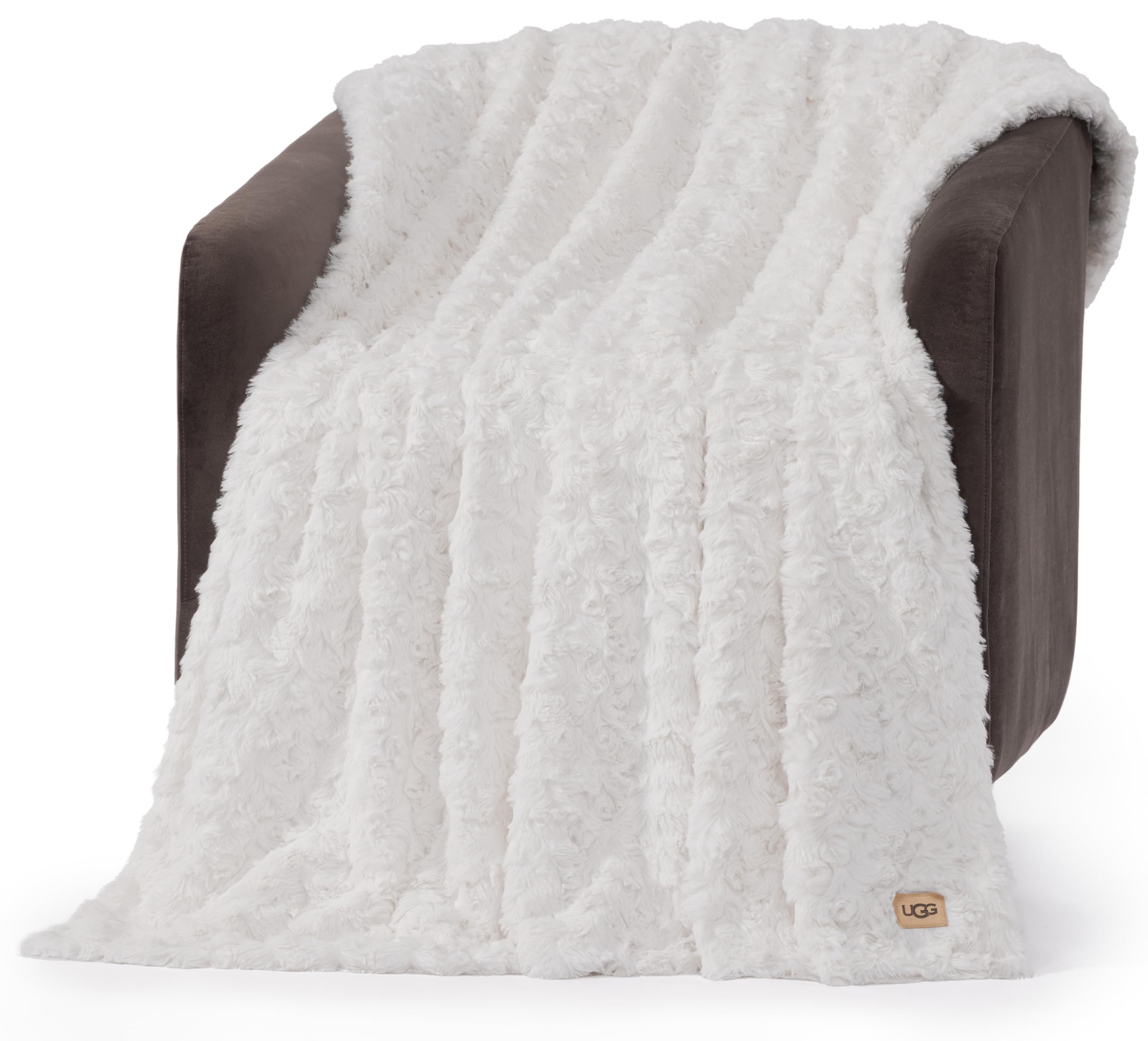 UGG Adalee Faux Fur Throw Blanket side angle with ribbon